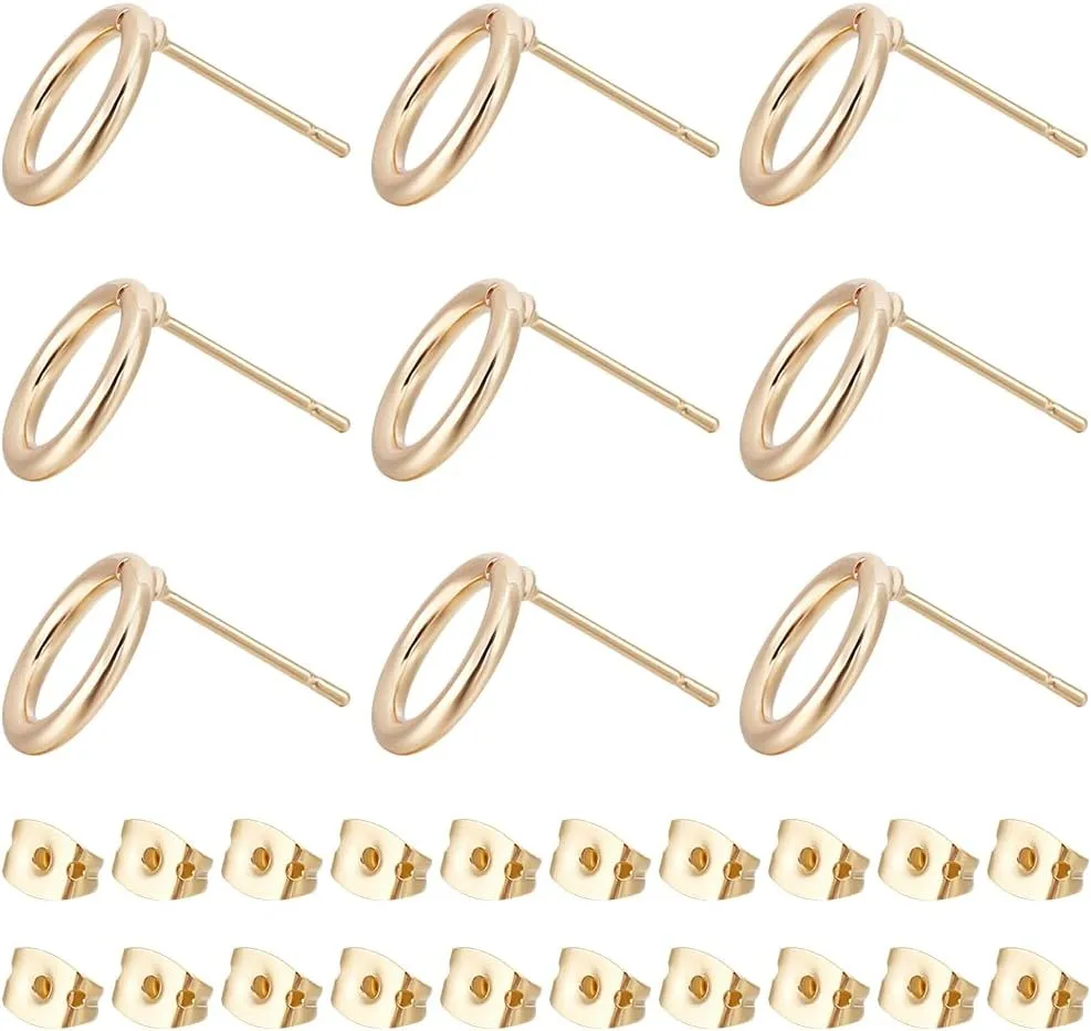 Beebeecraft 1 Box 20Pcs Circle Stud Earring 18K Gold Plated Geometry Hollow Round Ring Studs Earring with 20Pcs Ear Nuts for Women Gift