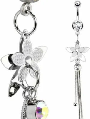 Belly Button Ring 316L Surgical Steel Flower Petal Layers with Chains and Single Gem Dangle Navel Ring
