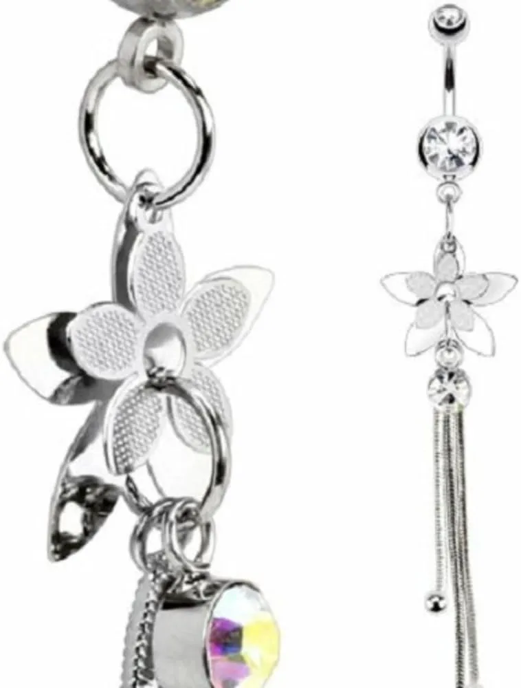Belly Button Ring 316L Surgical Steel Flower Petal Layers with Chains and Single Gem Dangle Navel Ring