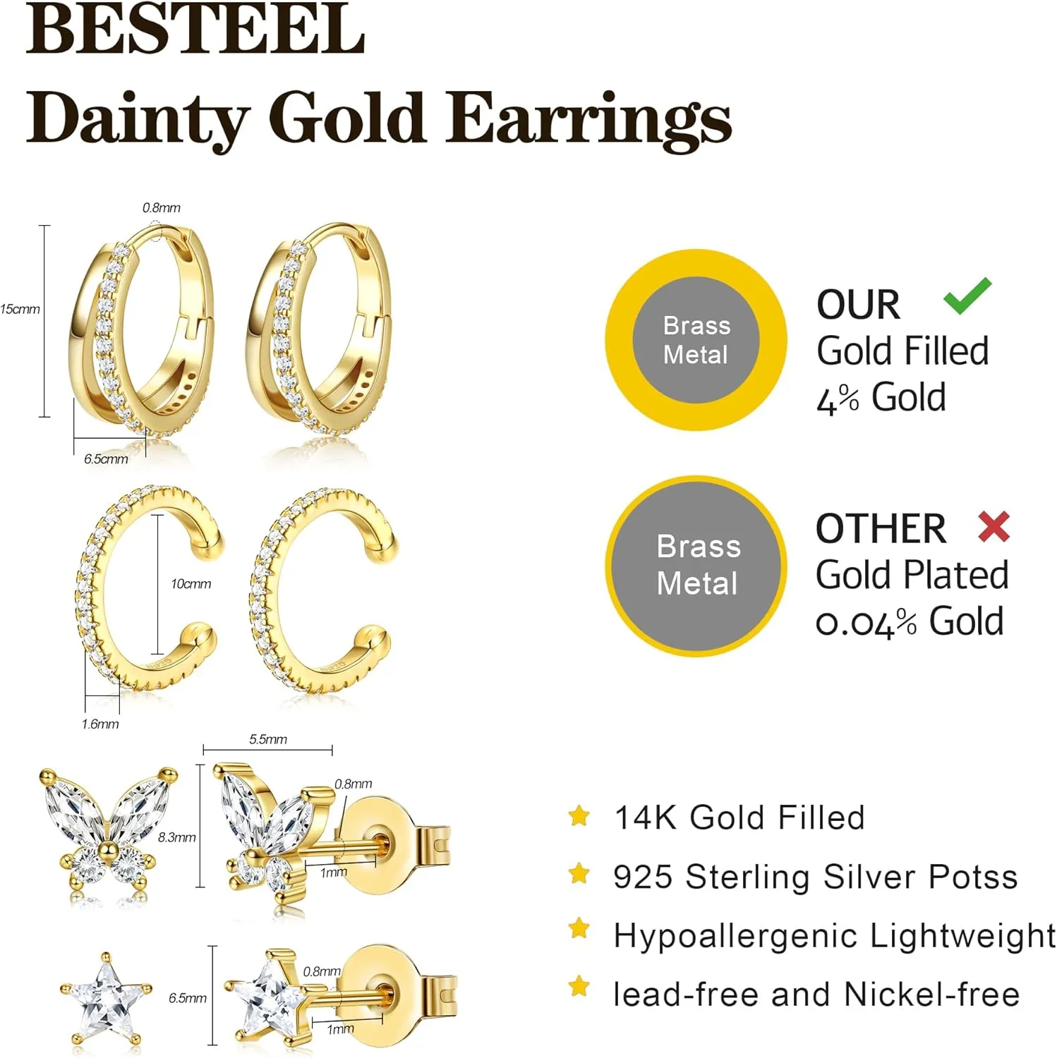 BESTEEL 4 Pairs Gold Hoop Stud Earrings Set for Women Small Hoop Earring Sets for Multiple Piercing Dainty Gold Huggie Earrings Hypoallergenic Earring Stacks