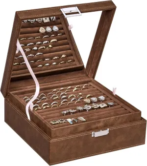 BEWISHOME Cufflink Box Ring Organizer and Earring Box Holder - 12 Ring Slots, 25 Earring Compartments, Large Mirror, 2 Layers Jewelry Box Tray Cufflinks Storage for Girls Women Men, Brown SSH21Z