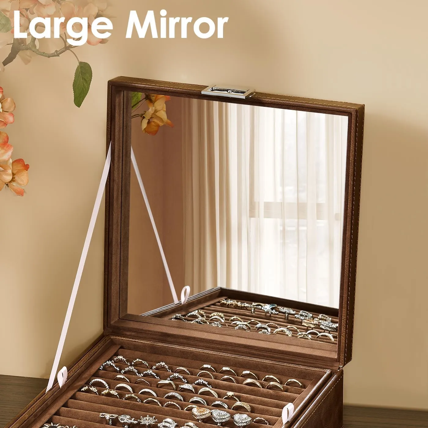 BEWISHOME Cufflink Box Ring Organizer and Earring Box Holder - 12 Ring Slots, 25 Earring Compartments, Large Mirror, 2 Layers Jewelry Box Tray Cufflinks Storage for Girls Women Men, Brown SSH21Z