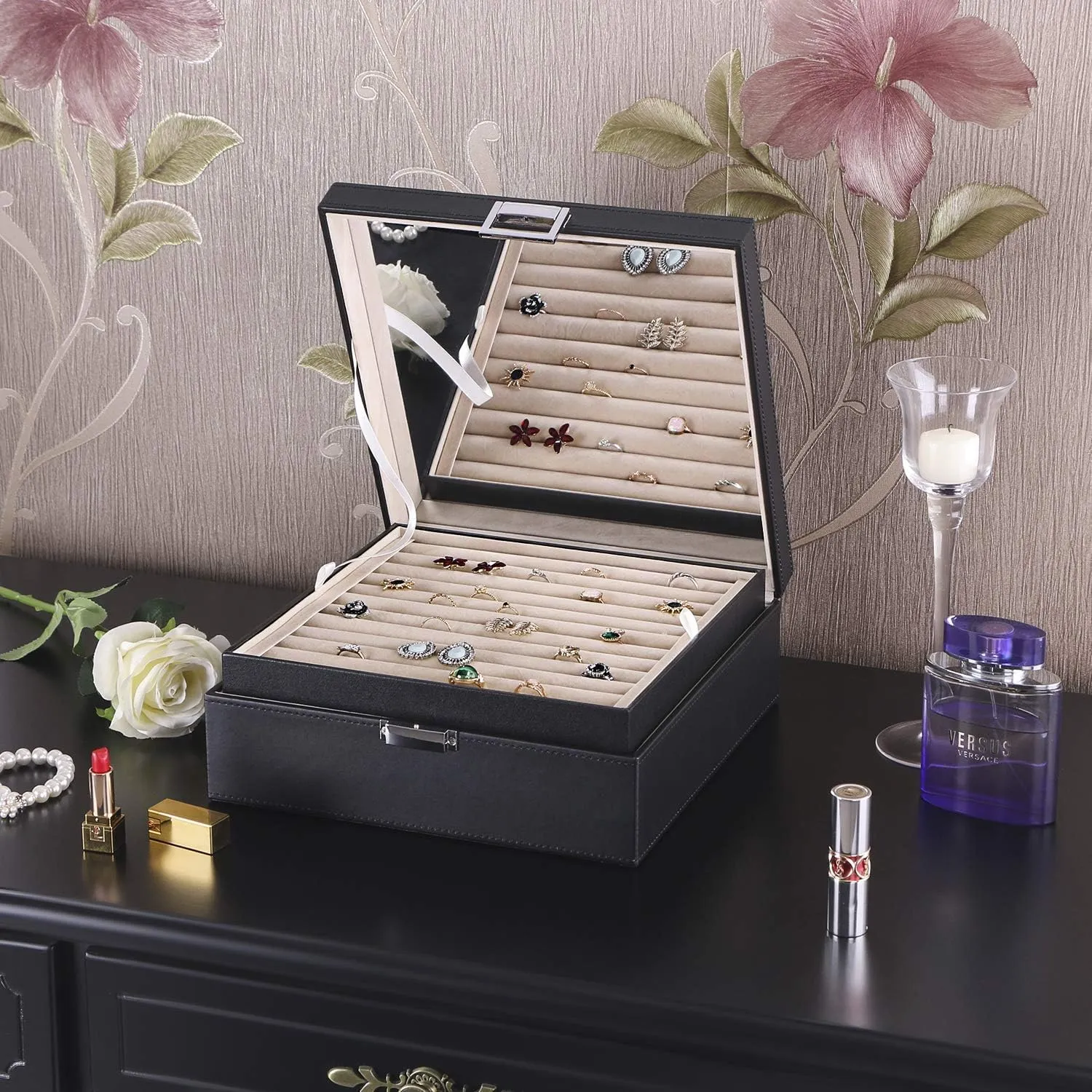 BEWISHOME Ring Organizer and Earring Box Holder - 11 Ring Slots, 25 Earring Compartments, Large Mirror, 2 Layers Jewelry Box Tray Cufflinks Storage for Girls Women Men, Black Faux Leather SSH21B