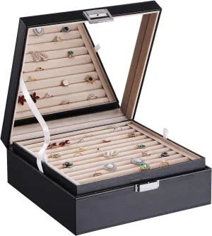 BEWISHOME Ring Organizer and Earring Box Holder - 11 Ring Slots, 25 Earring Compartments, Large Mirror, 2 Layers Jewelry Box Tray Cufflinks Storage for Girls Women Men, Black Faux Leather SSH21B