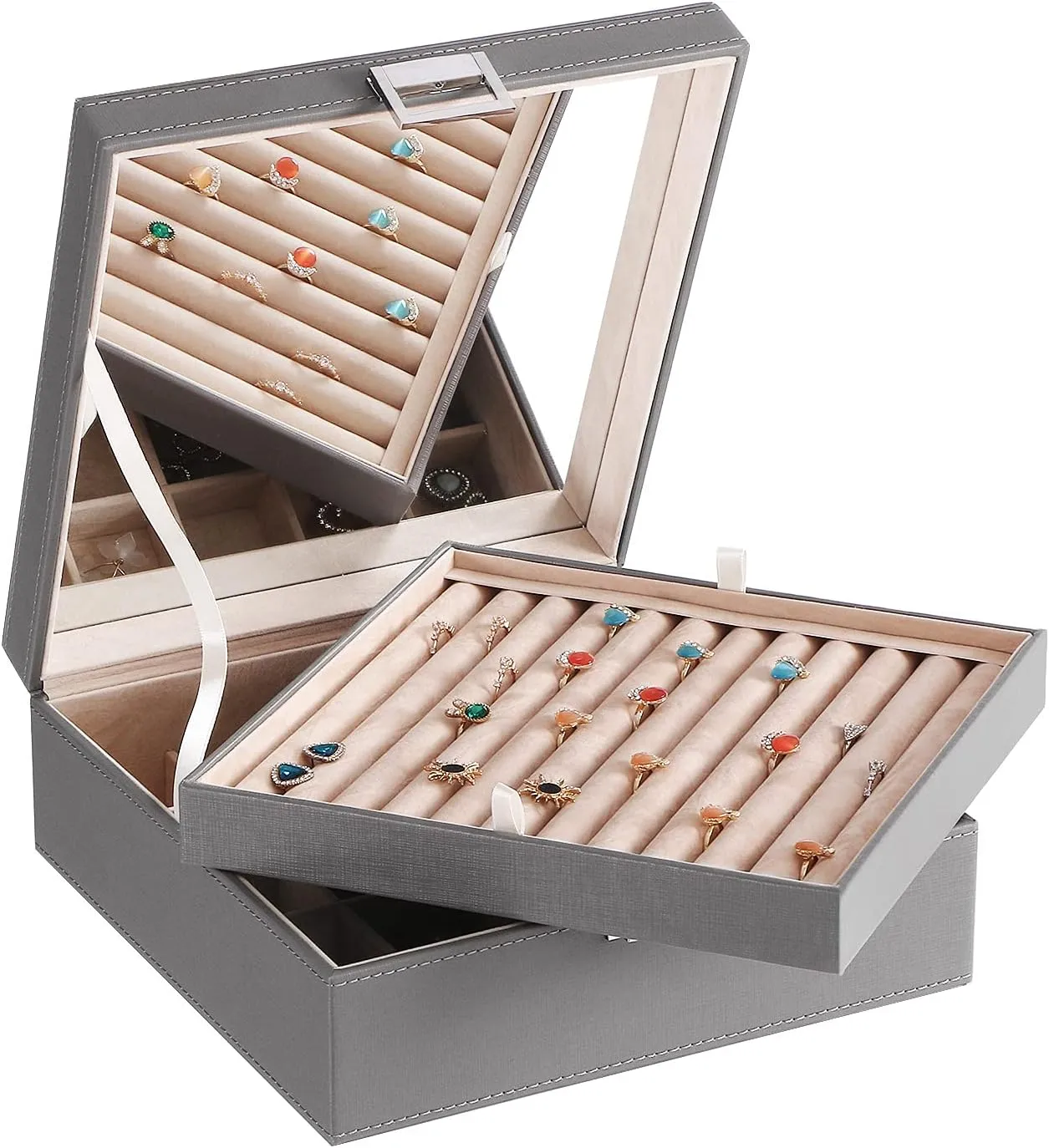 BEWISHOME Ring Organizer and Earring Box Holder - 11 Ring Slots, 25 Earring Compartments, Large Mirror, 2 Layers - Jewelry Box Tray Cufflinks Storage for Girls Women Men, Grey SSH21H