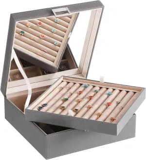 BEWISHOME Ring Organizer and Earring Box Holder - 11 Ring Slots, 25 Earring Compartments, Large Mirror, 2 Layers - Jewelry Box Tray Cufflinks Storage for Girls Women Men, Grey SSH21H