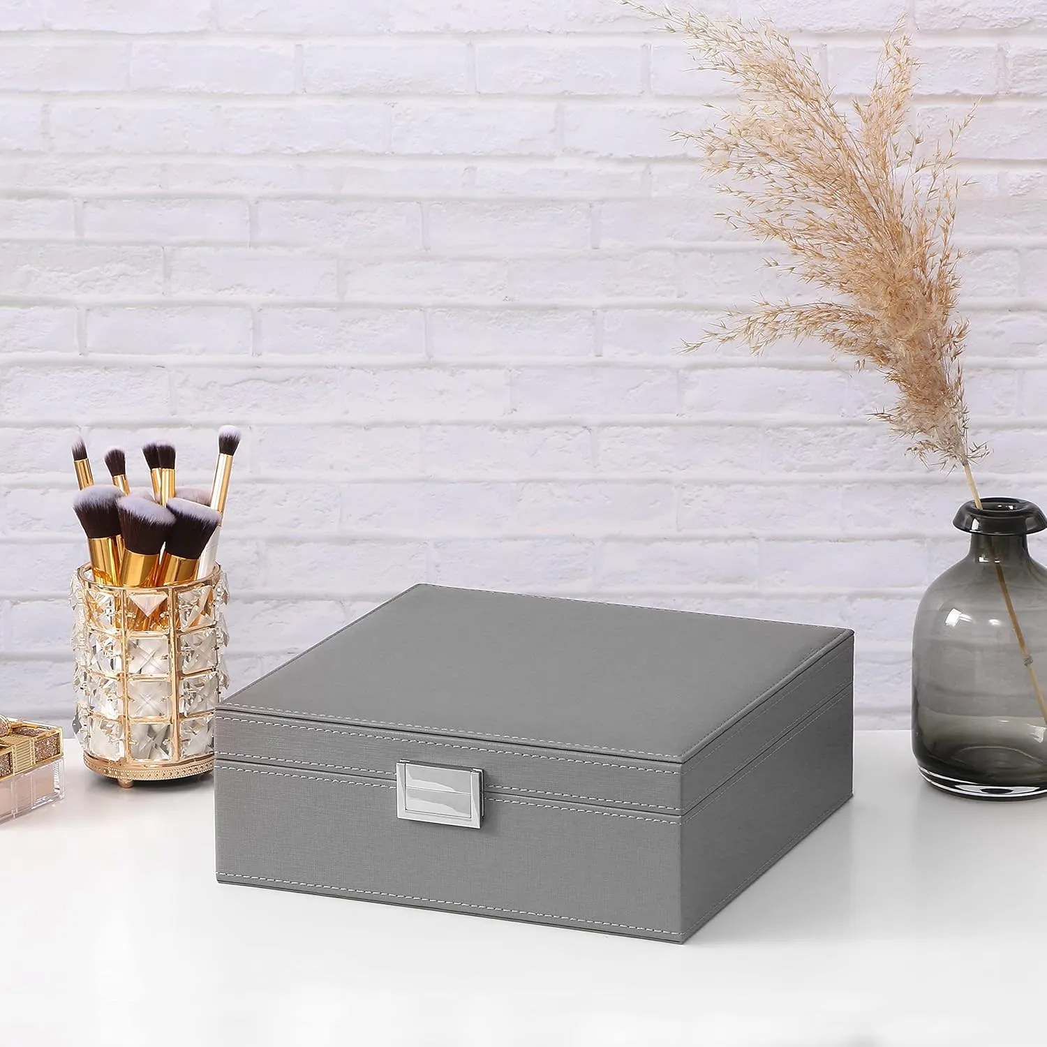 BEWISHOME Ring Organizer and Earring Box Holder - 11 Ring Slots, 25 Earring Compartments, Large Mirror, 2 Layers - Jewelry Box Tray Cufflinks Storage for Girls Women Men, Grey SSH21H
