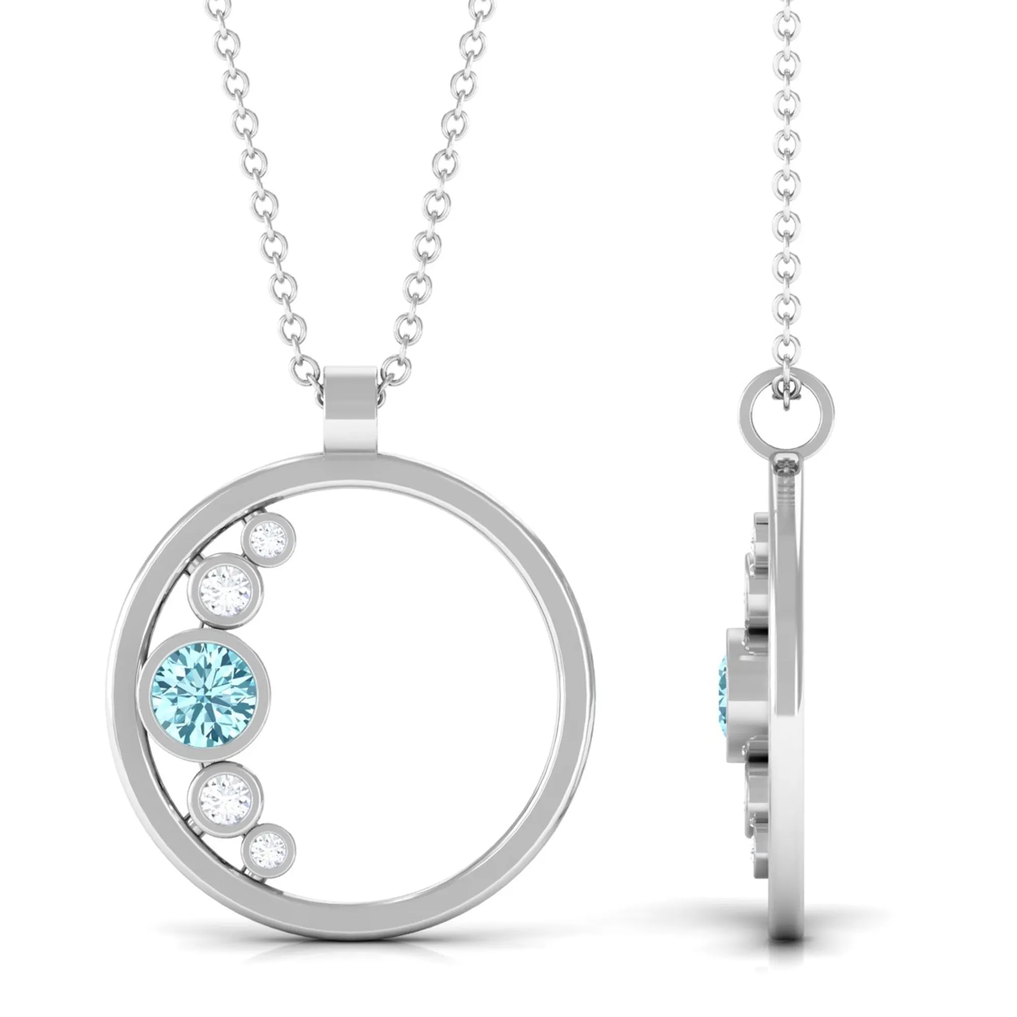 Bezel Set Aquamarine and Diamond Open Circle Pendant