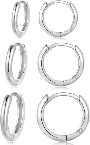 BG&WLing Silver Hoop Earrings for women Small Silver Huggie Earring Cartilage Hoops Silver Earring Set of 3 Sizes 8/10/12mm