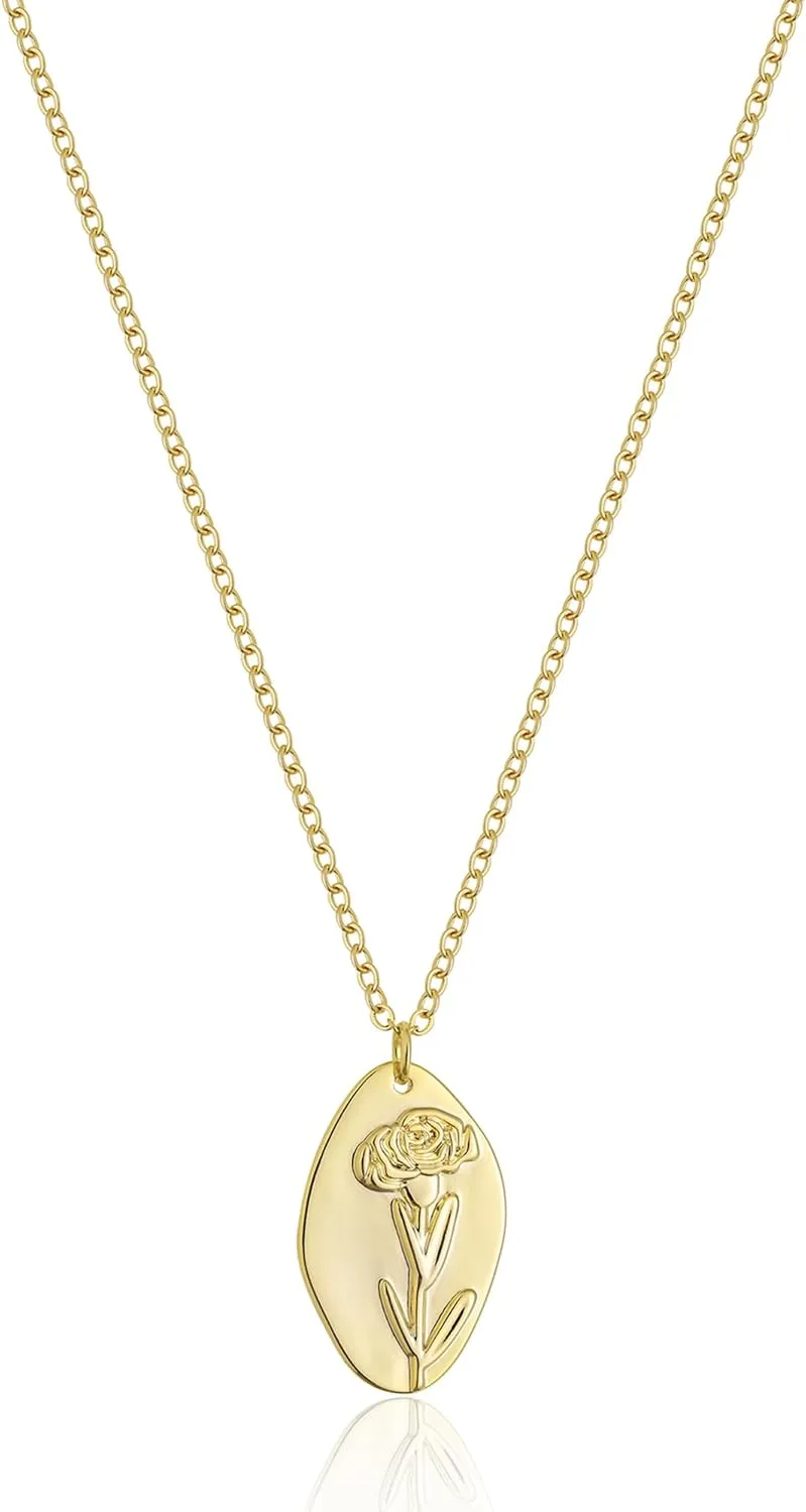 Birth Flower Necklace Dainty Carved Floral Pendant Necklace 14K Gold Necklace Personalized Jewelry Birthday Gift for Women