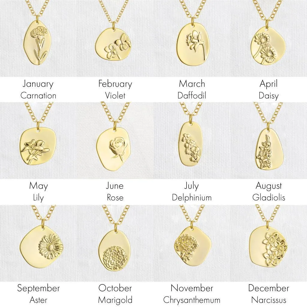 Birth Flower Necklace Dainty Carved Floral Pendant Necklace 14K Gold Necklace Personalized Jewelry Birthday Gift for Women