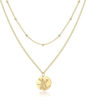 Birth Flower Necklace, Gold Layered Necklaces for Women, Birth Month Flower Coin Pendant Necklace Set, Satellite Chain, Birthday Gifts