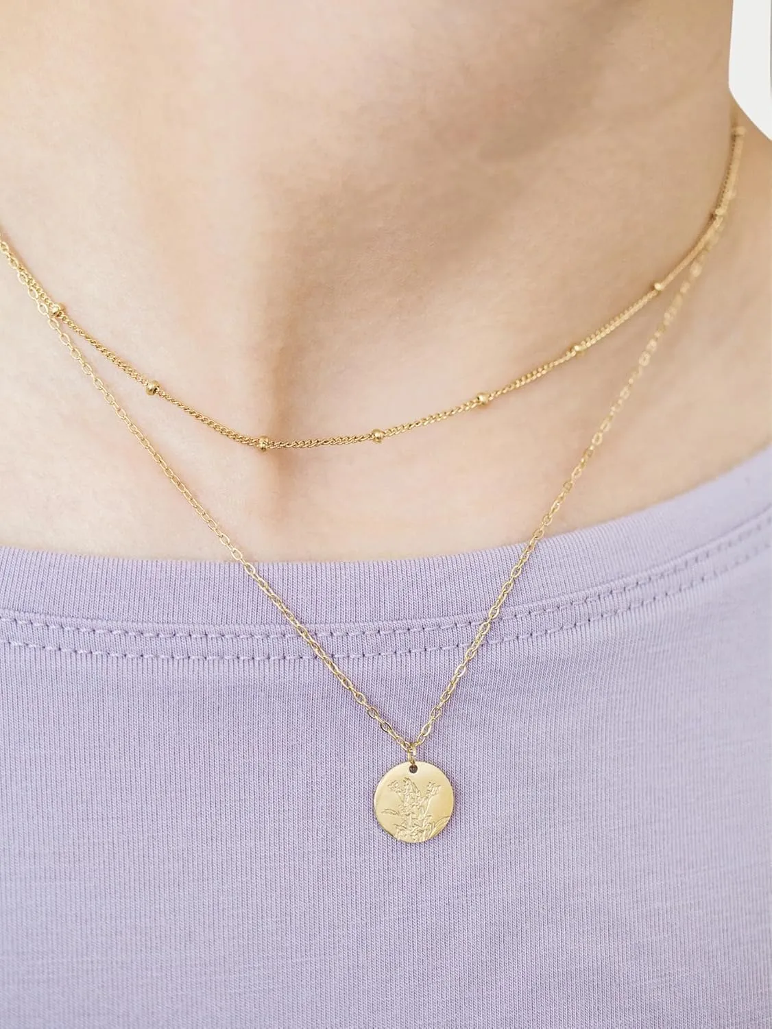 Birth Flower Necklace, Gold Layered Necklaces for Women, Birth Month Flower Coin Pendant Necklace Set, Satellite Chain, Birthday Gifts