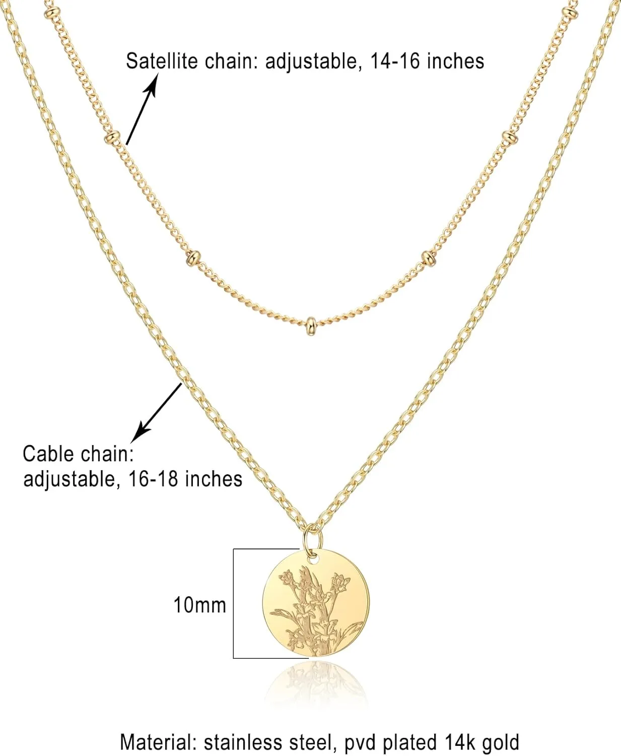 Birth Flower Necklace, Gold Layered Necklaces for Women, Birth Month Flower Coin Pendant Necklace Set, Satellite Chain, Birthday Gifts
