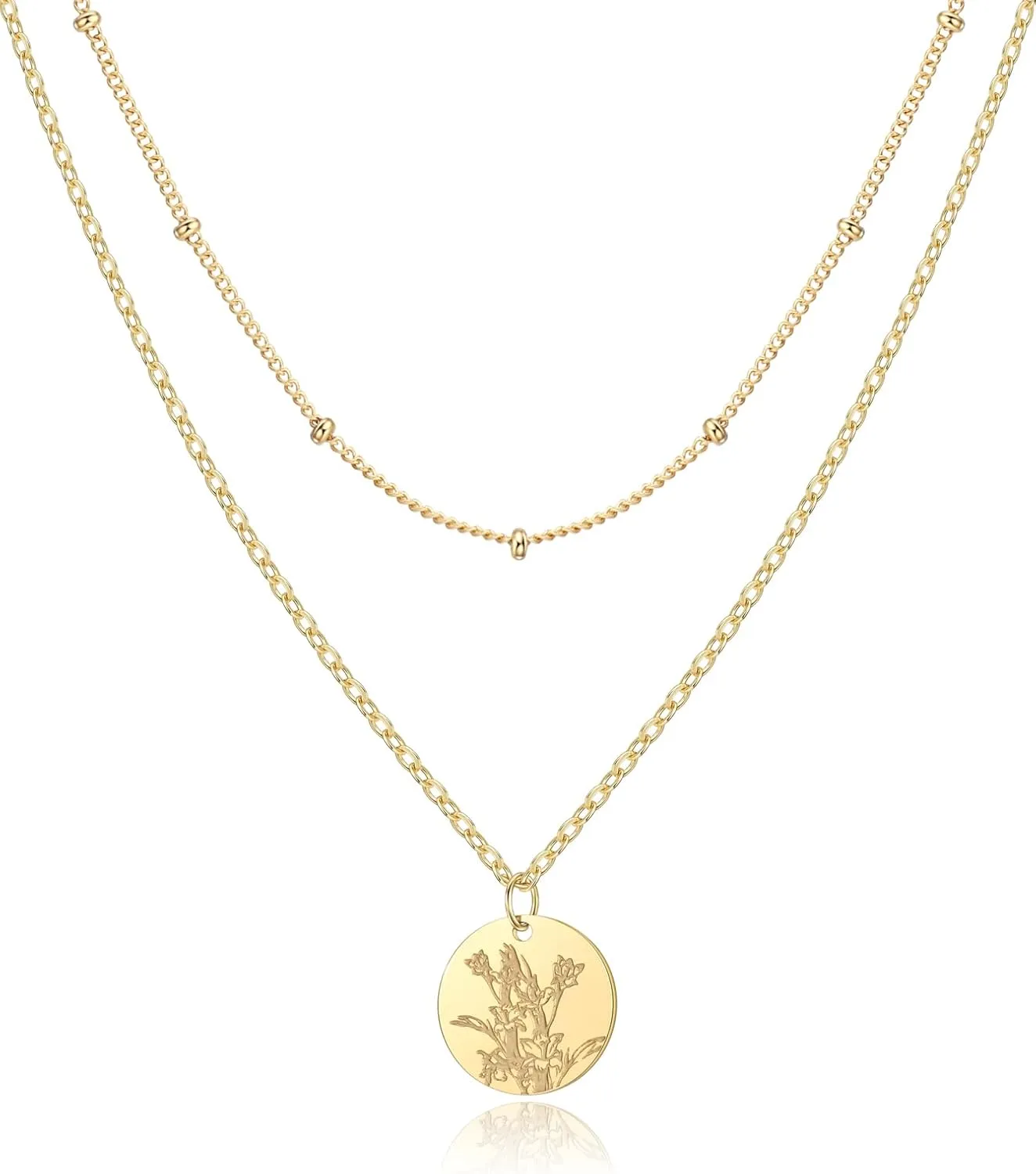 Birth Flower Necklace, Gold Layered Necklaces for Women, Birth Month Flower Coin Pendant Necklace Set, Satellite Chain, Birthday Gifts