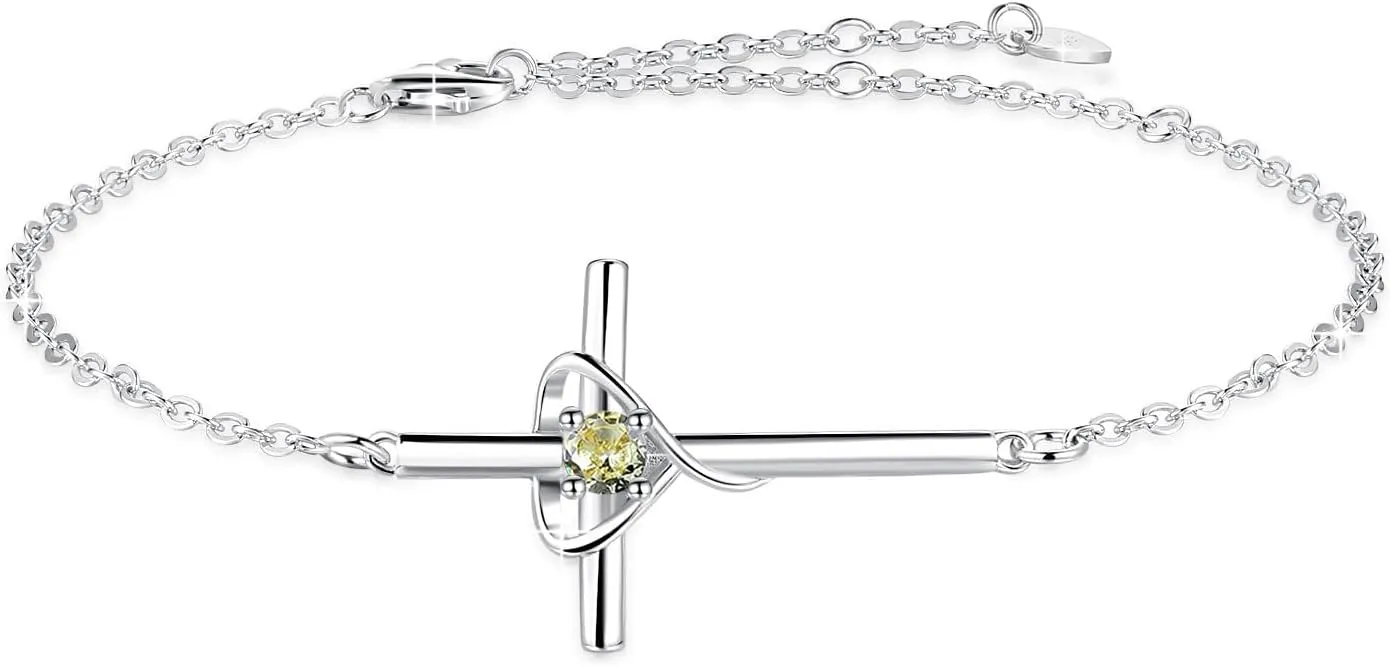 Birthstone Bracelet 925 Sterling Silver Birthstone Cross Bracelets for Women Cross Heart Cubic Zircon Adjustable Jewelry Gifts for Birthday Christmas
