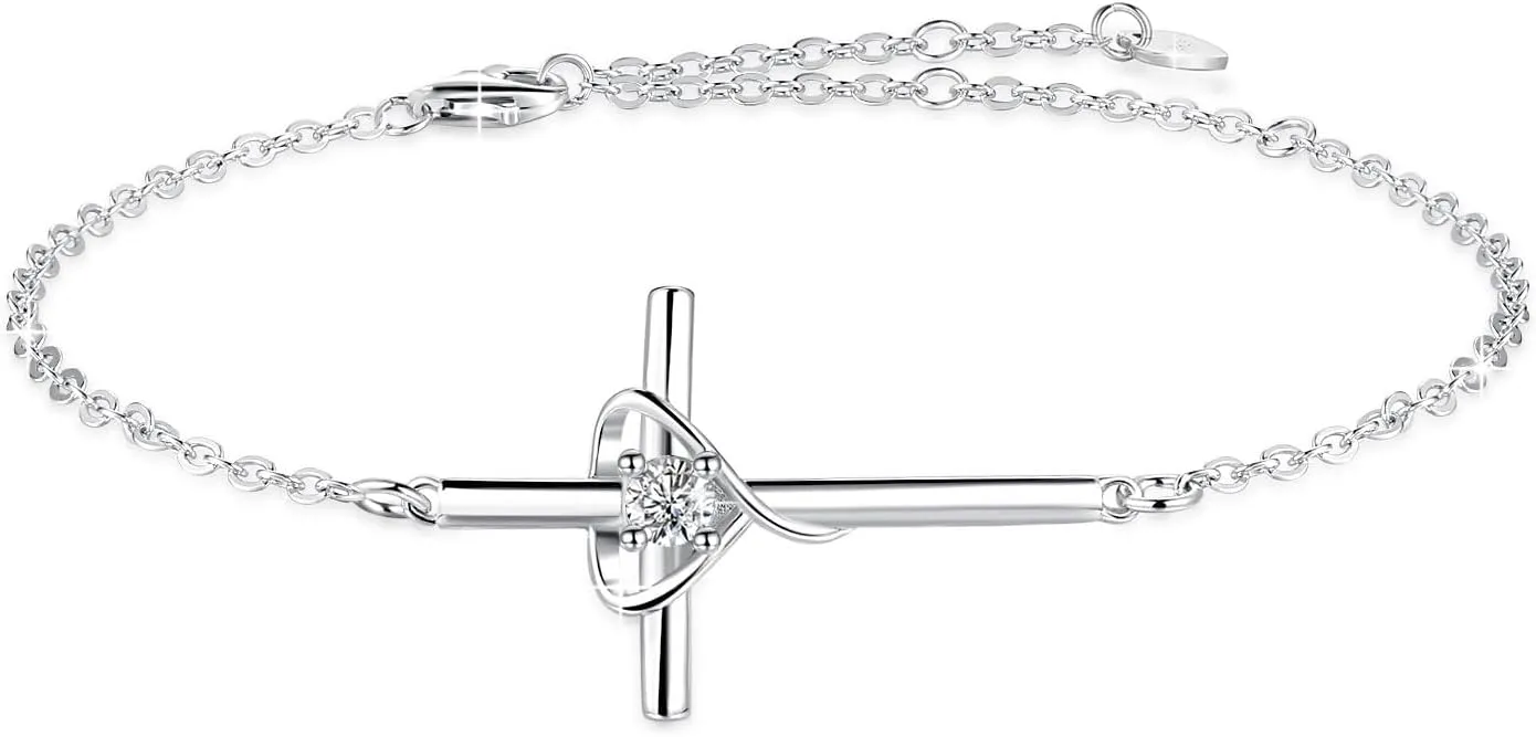 Birthstone Bracelet 925 Sterling Silver Birthstone Cross Bracelets for Women Cross Heart Cubic Zircon Adjustable Jewelry Gifts for Birthday Christmas