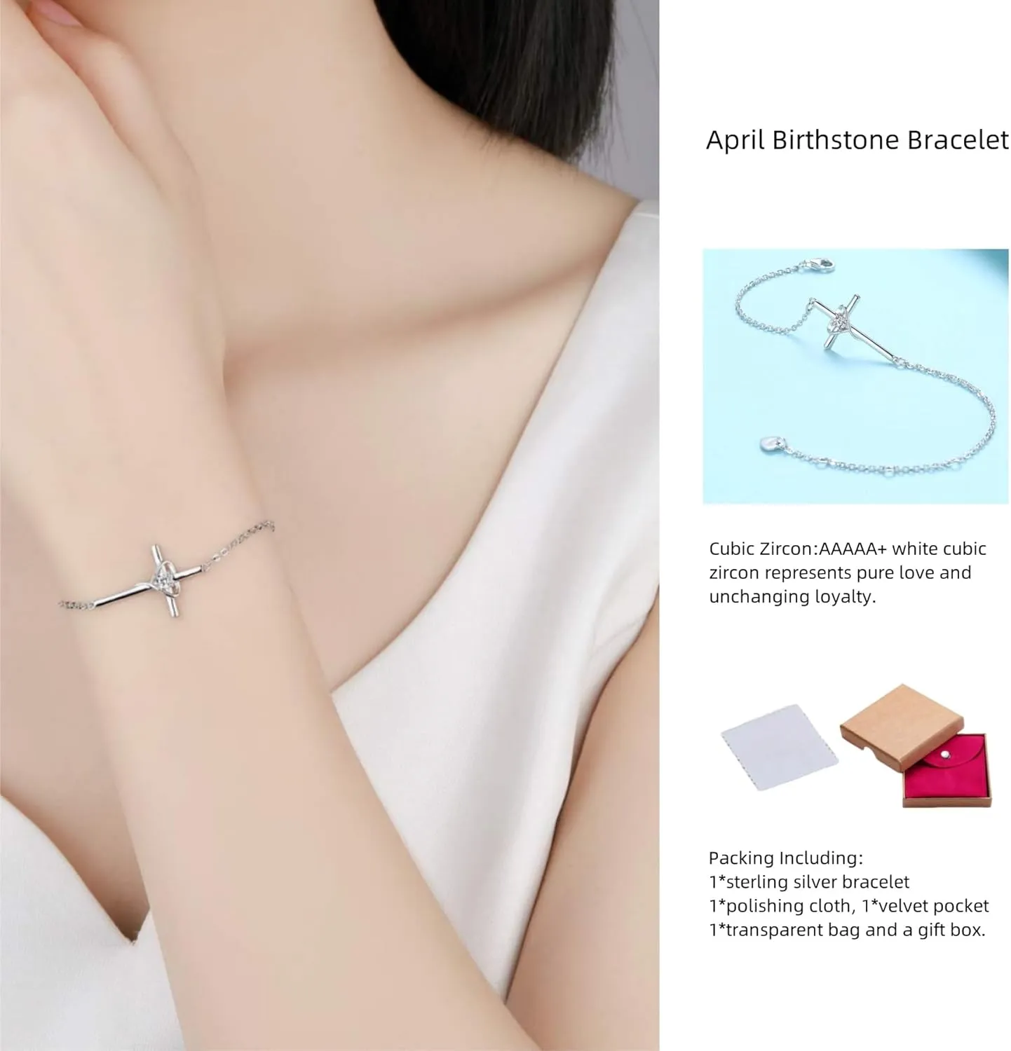 Birthstone Bracelet 925 Sterling Silver Birthstone Cross Bracelets for Women Cross Heart Cubic Zircon Adjustable Jewelry Gifts for Birthday Christmas