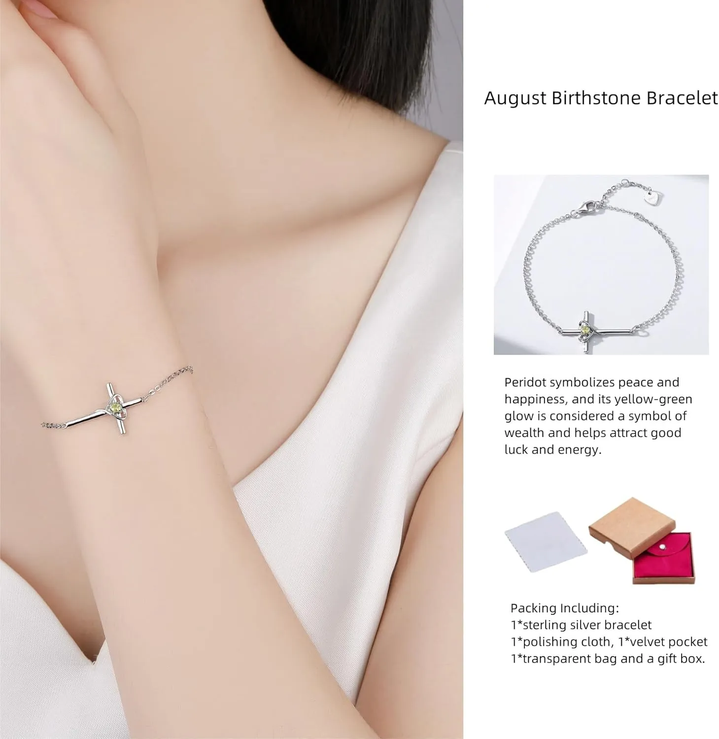 Birthstone Bracelet 925 Sterling Silver Birthstone Cross Bracelets for Women Cross Heart Cubic Zircon Adjustable Jewelry Gifts for Birthday Christmas