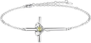 Birthstone Bracelet 925 Sterling Silver Birthstone Cross Bracelets for Women Cross Heart Cubic Zircon Adjustable Jewelry Gifts for Birthday Christmas