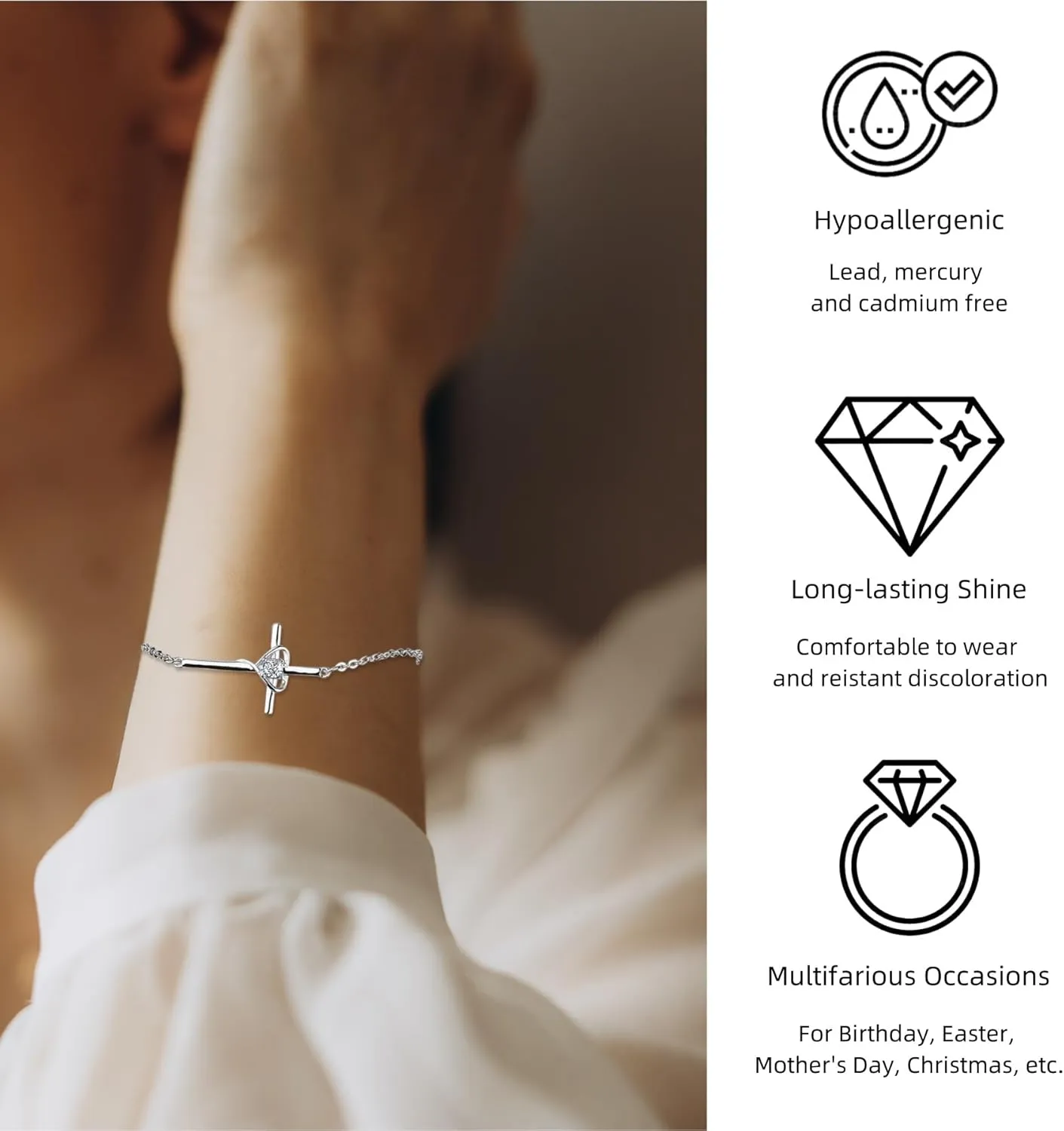 Birthstone Bracelet 925 Sterling Silver Birthstone Cross Bracelets for Women Cross Heart Cubic Zircon Adjustable Jewelry Gifts for Birthday Christmas