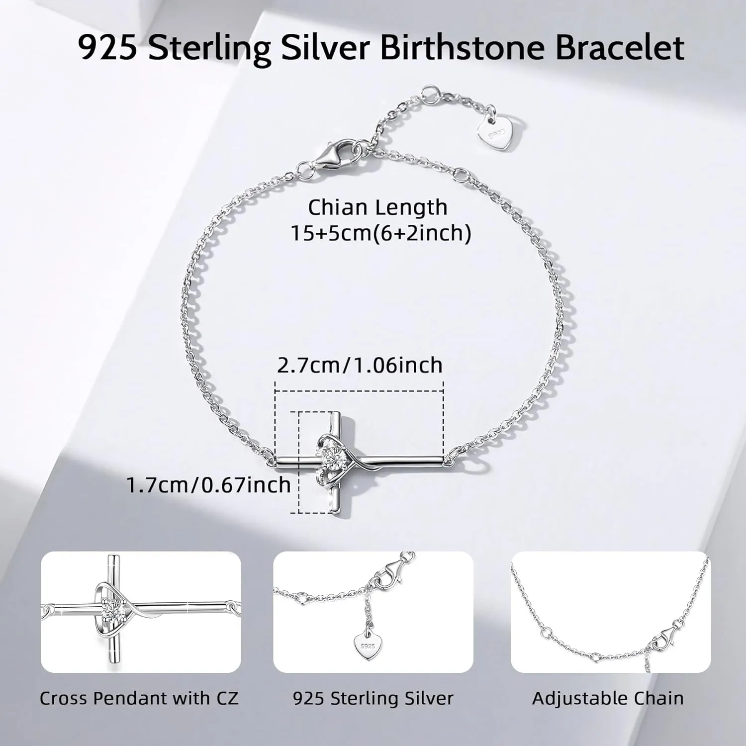 Birthstone Bracelet 925 Sterling Silver Birthstone Cross Bracelets for Women Cross Heart Cubic Zircon Adjustable Jewelry Gifts for Birthday Christmas