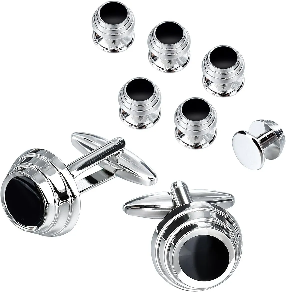 Black Cufflinks and Tuxedo Shirt Studs Set for Men - Wedding Business Parties Cuff Links in Gift Box