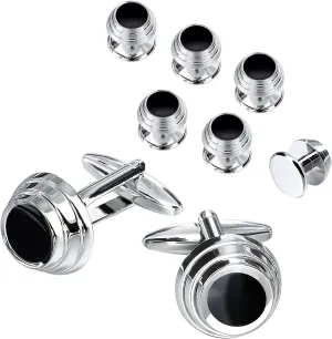 Black Cufflinks and Tuxedo Shirt Studs Set for Men - Wedding Business Parties Cuff Links in Gift Box