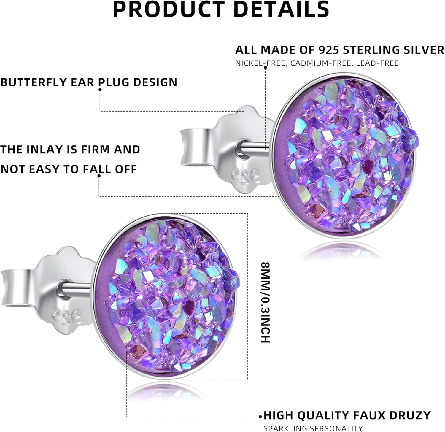 Black Earrings for Women, 925 Sterling Silver Black Stud Earrings Round Druzy Earrings Hypoallergenic for Women Men, 8 Colors Options