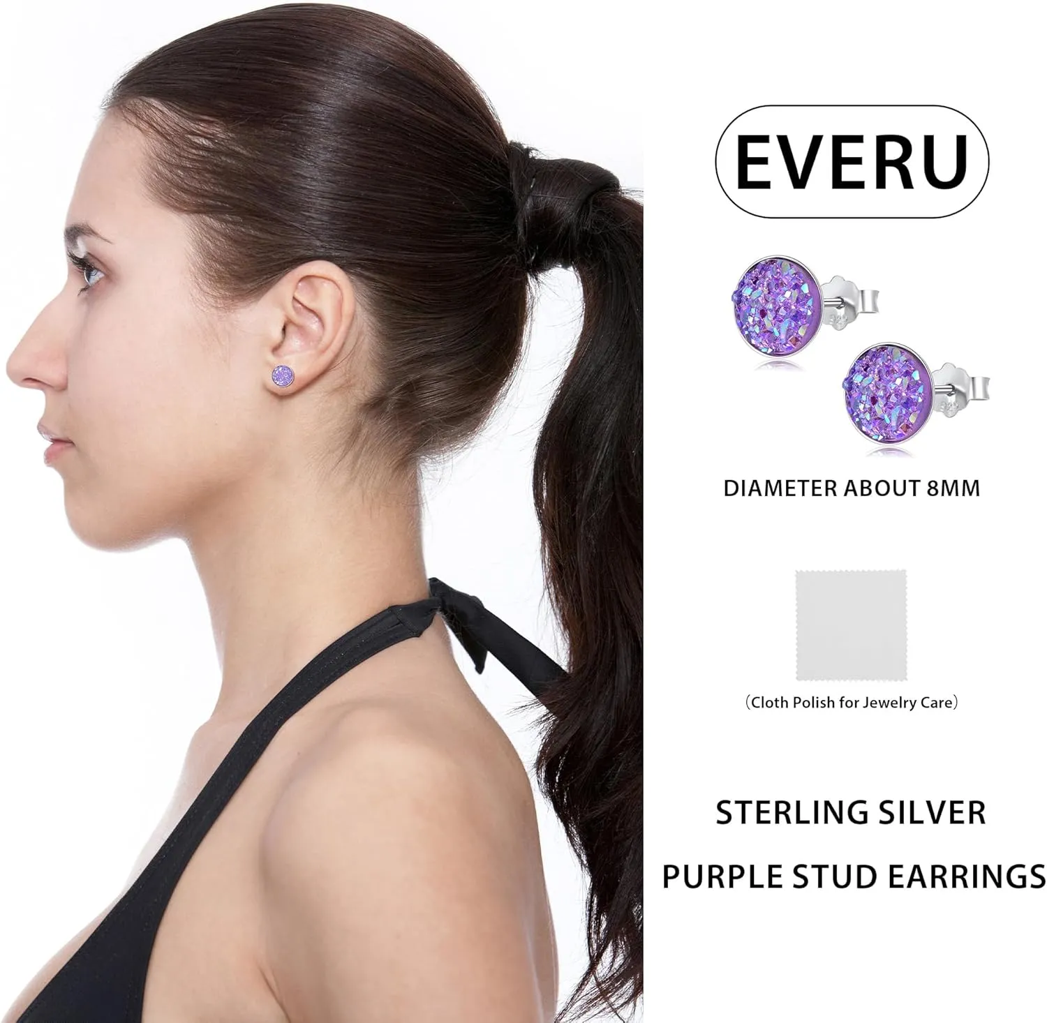Black Earrings for Women, 925 Sterling Silver Black Stud Earrings Round Druzy Earrings Hypoallergenic for Women Men, 8 Colors Options