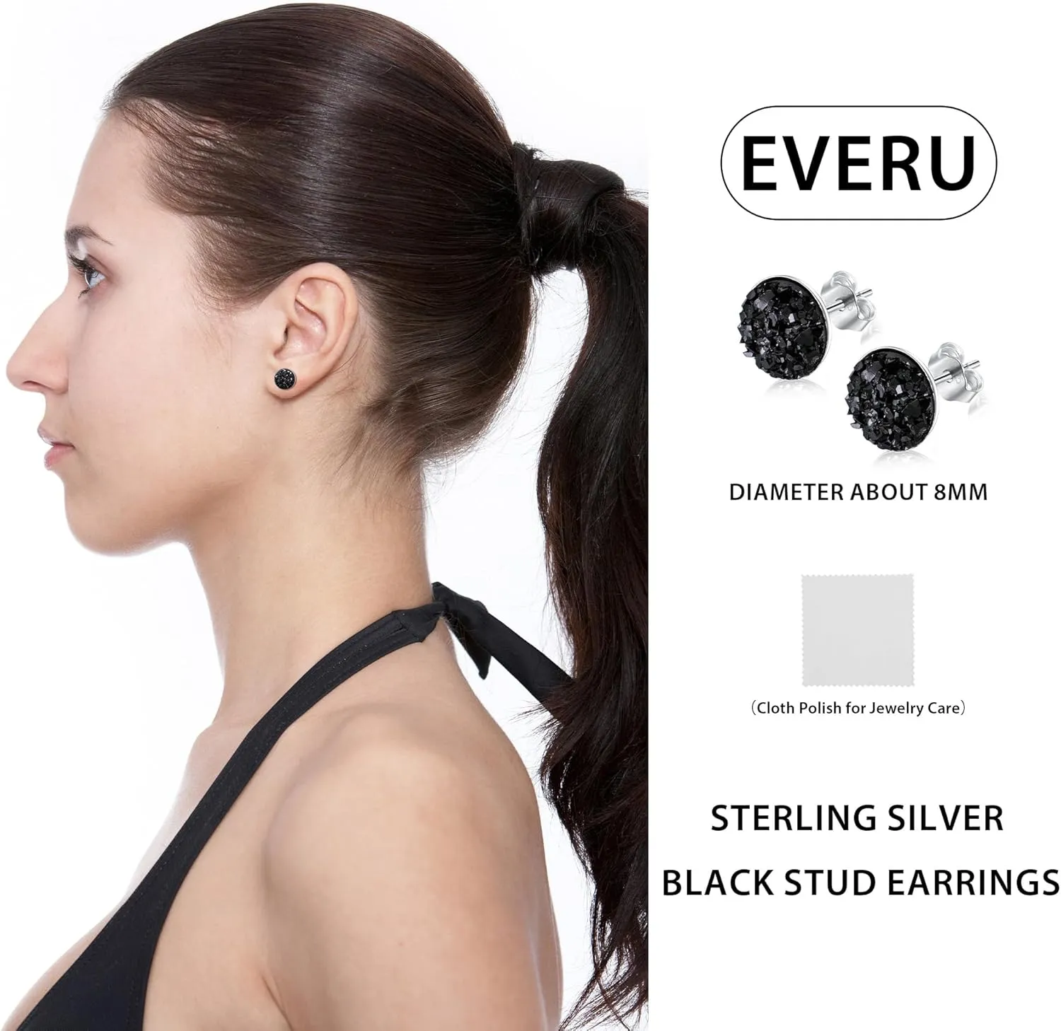 Black Earrings for Women, 925 Sterling Silver Black Stud Earrings Round Druzy Earrings Hypoallergenic for Women Men, 8 Colors Options