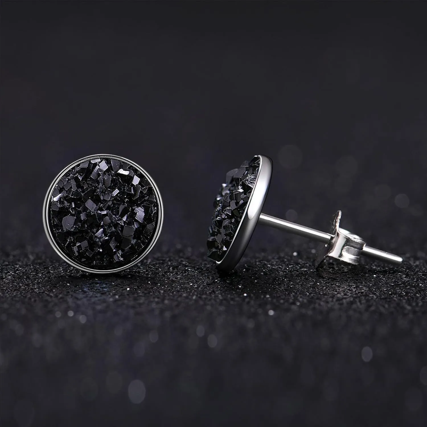 Black Earrings for Women, 925 Sterling Silver Black Stud Earrings Round Druzy Earrings Hypoallergenic for Women Men, 8 Colors Options