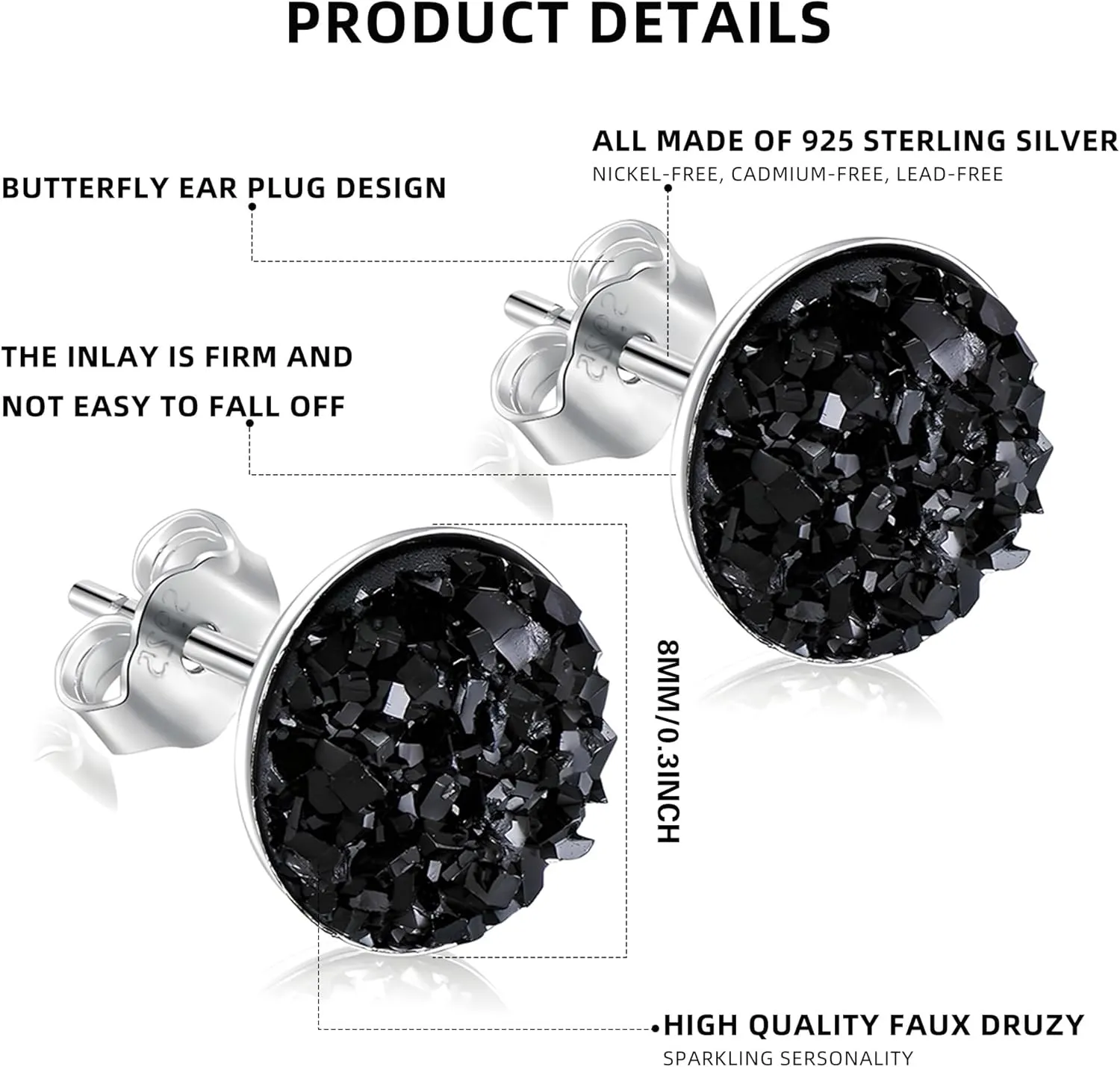 Black Earrings for Women, 925 Sterling Silver Black Stud Earrings Round Druzy Earrings Hypoallergenic for Women Men, 8 Colors Options