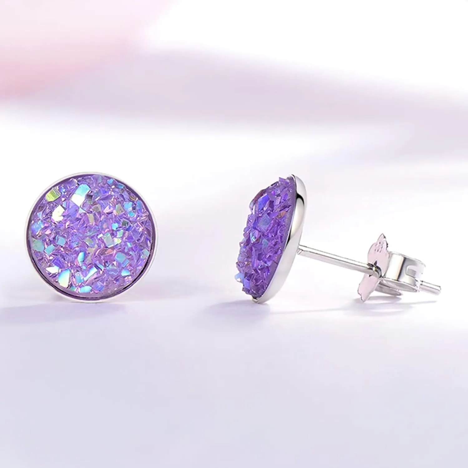 Black Earrings for Women, 925 Sterling Silver Black Stud Earrings Round Druzy Earrings Hypoallergenic for Women Men, 8 Colors Options