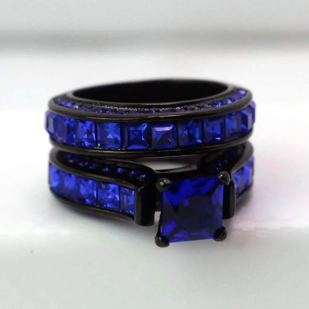 Black Gold Plated Womens Wedding Ring Sets Bridal Sets Princess cut Red Cz Engagement Ring Wedding Bands
