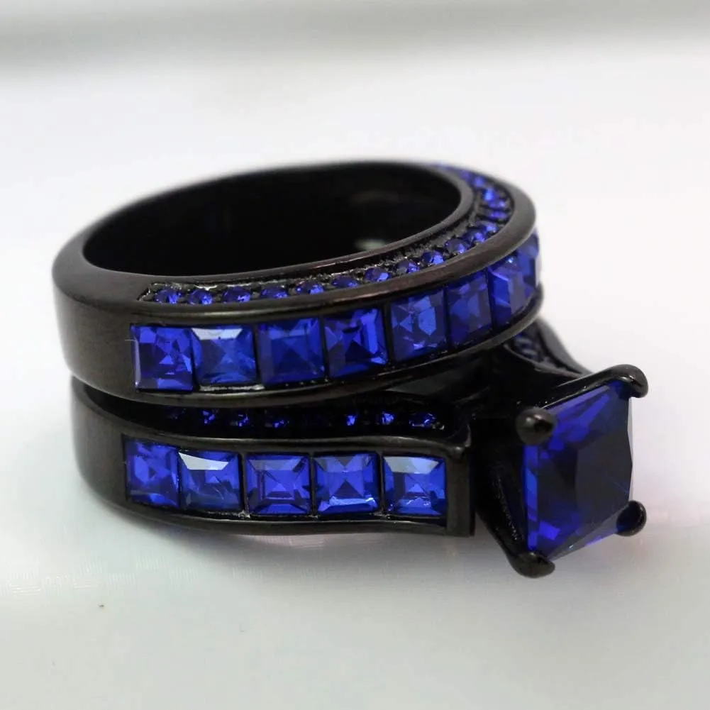 Black Gold Plated Womens Wedding Ring Sets Bridal Sets Princess cut Red Cz Engagement Ring Wedding Bands