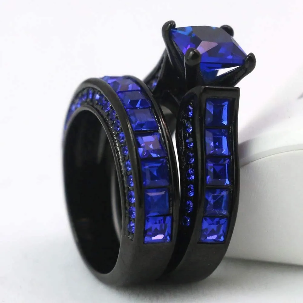 Black Gold Plated Womens Wedding Ring Sets Bridal Sets Princess cut Red Cz Engagement Ring Wedding Bands