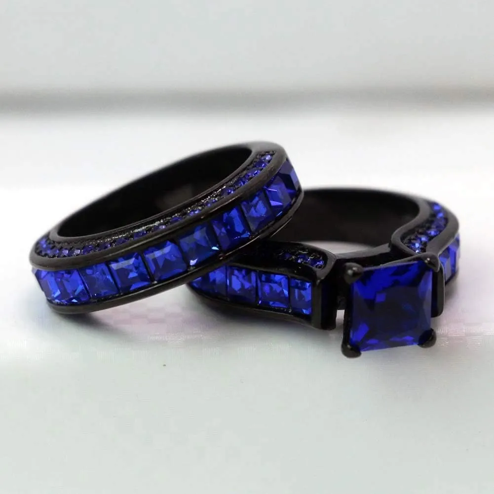 Black Gold Plated Womens Wedding Ring Sets Bridal Sets Princess cut Red Cz Engagement Ring Wedding Bands