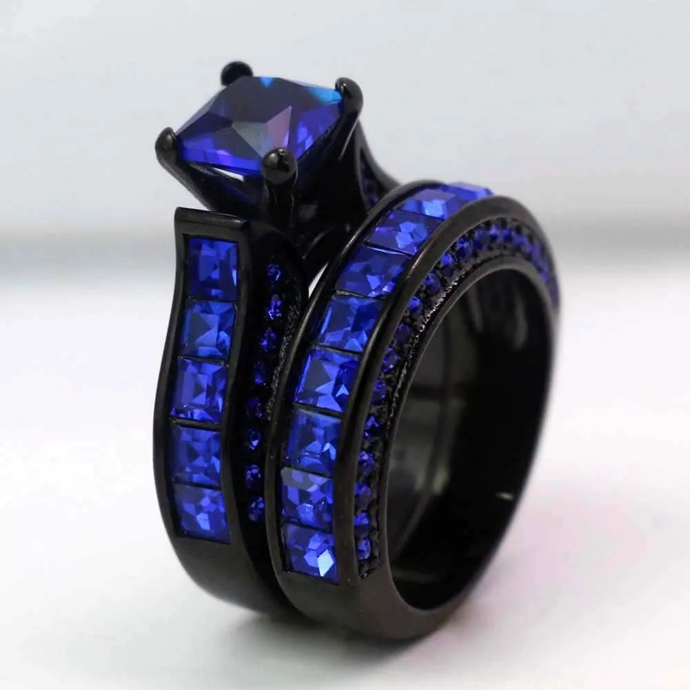 Black Gold Plated Womens Wedding Ring Sets Bridal Sets Princess cut Red Cz Engagement Ring Wedding Bands
