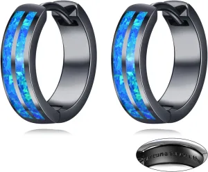 Black Hoop Earrings for Men Sterling Silver Blue Opal/Turquoise Huggie Hoops Earrings Jewelry Gift for Men