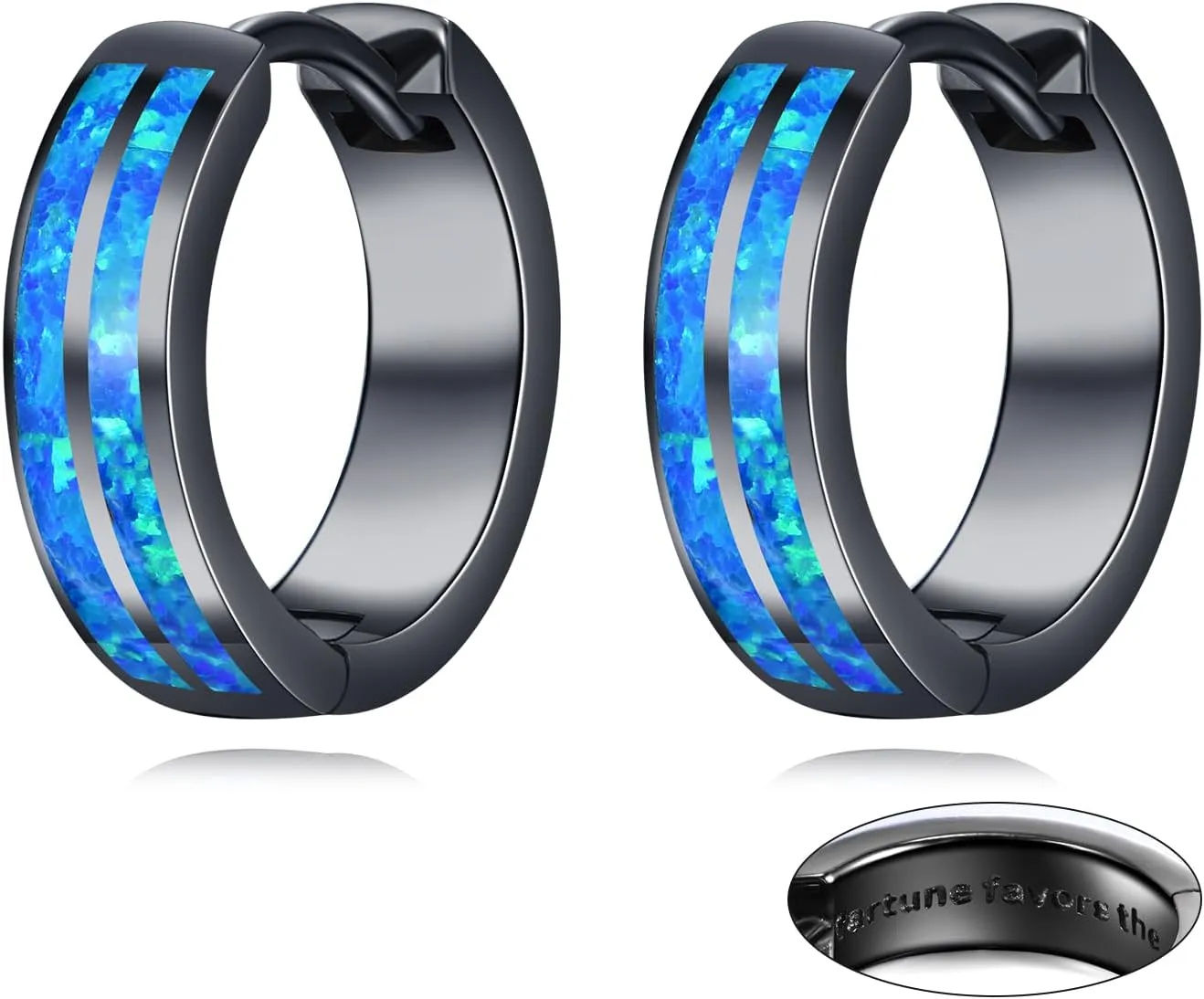 Black Hoop Earrings for Men Sterling Silver Blue Opal/Turquoise Huggie Hoops Earrings Jewelry Gift for Men