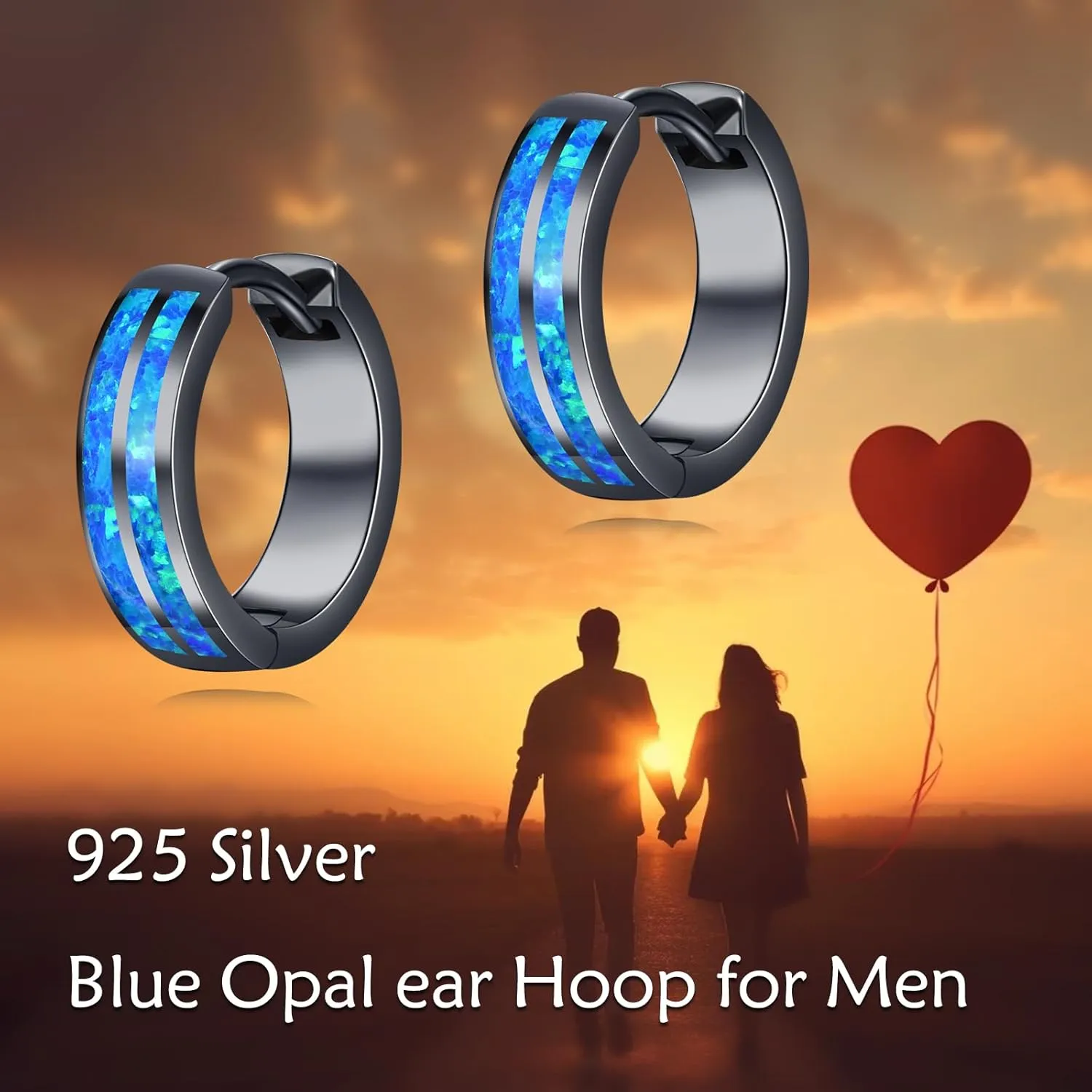 Black Hoop Earrings for Men Sterling Silver Blue Opal/Turquoise Huggie Hoops Earrings Jewelry Gift for Men