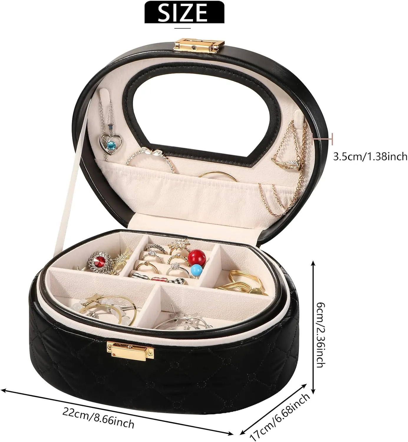 Black Multi-tier Jewelry Box, Large Space with Mirror, PU Waterproof Surface Round Jewelry Organizer Earrings Stud Earrings Ring, Suitable for Girls Ladies Holiday Gift Travel Carrying