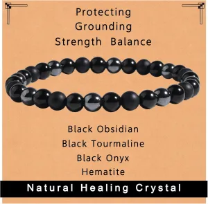 Black Onyx Tourmaline Bracelet Triple Protection Healing Crystal Bracelet Obsidian Hematite Bracelet For Men And Women
