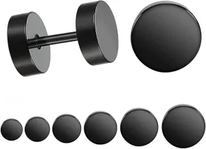 Black Stainless Steel Stud Earrings Set Surgical Steel Barbell Tunnel Fake Ear Plugs Gauges for Men Women Punk Rock 5mm-11mm Piercing Jewelry