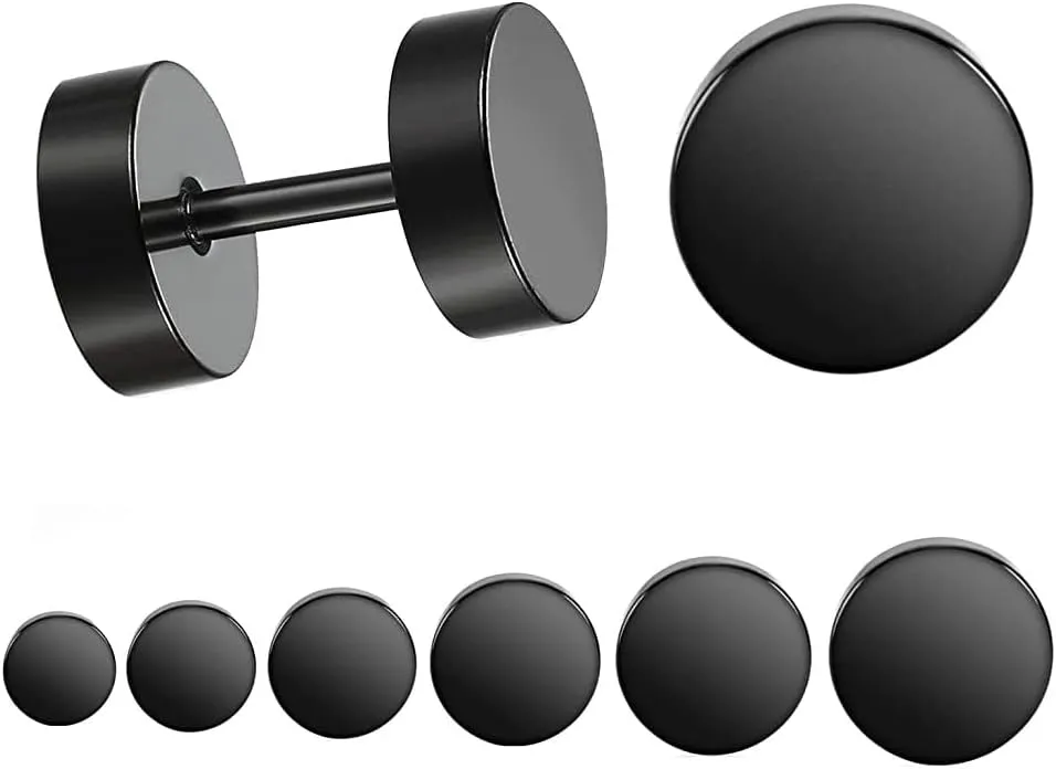 Black Stainless Steel Stud Earrings Set Surgical Steel Barbell Tunnel Fake Ear Plugs Gauges for Men Women Punk Rock 5mm-11mm Piercing Jewelry