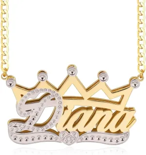 BlingSparkle Custom Crown Name Necklace - 18K Gold Plated Double Nameplate Necklace - Personalized Jewelry for Women, Men