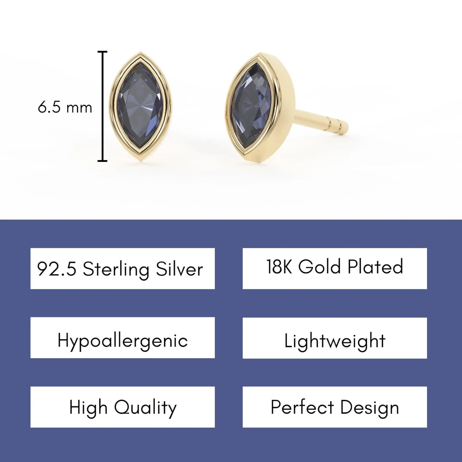 Blue Sapphire Stud Earrings for Women, Marquise Stud Earrings - Hypoallergenic 18K Gold Stud Earrings, Genuine 925 Sterling Silver - September Birthstone Mothers Day Gifts (6.5mm Marquise)