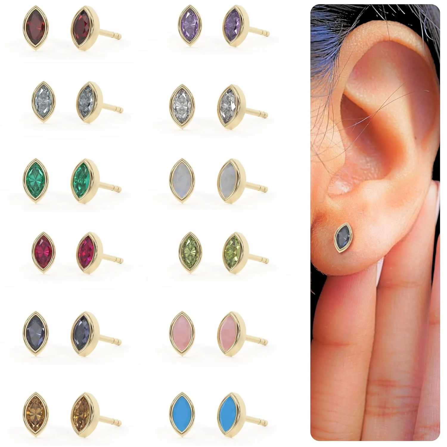 Blue Sapphire Stud Earrings for Women, Marquise Stud Earrings - Hypoallergenic 18K Gold Stud Earrings, Genuine 925 Sterling Silver - September Birthstone Mothers Day Gifts (6.5mm Marquise)
