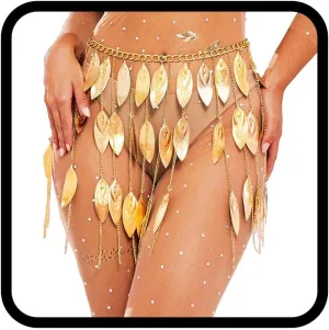 BODIY Women Gold Belly Dance Skirt Fringe Waist Chain Leaves Belly Chains Beach Bikini Waist Accessory